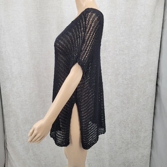 Eileen Fisher Women's Black Linen Loose Knit Scoop Neck Drop Shoulder Top Blouse - Picture 4 of 8